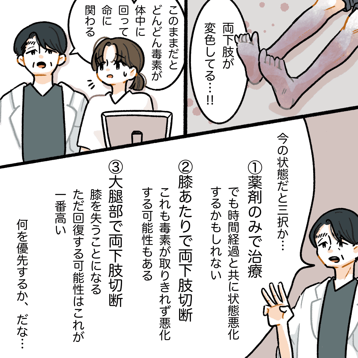両下肢に毒素による症状が見られ、医師が下肢切断などの3つの治療の選択肢を患者に伝えた