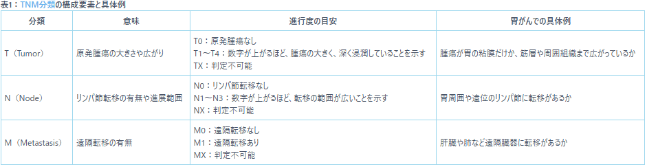 表1:TNM分類の構成要素と具体例