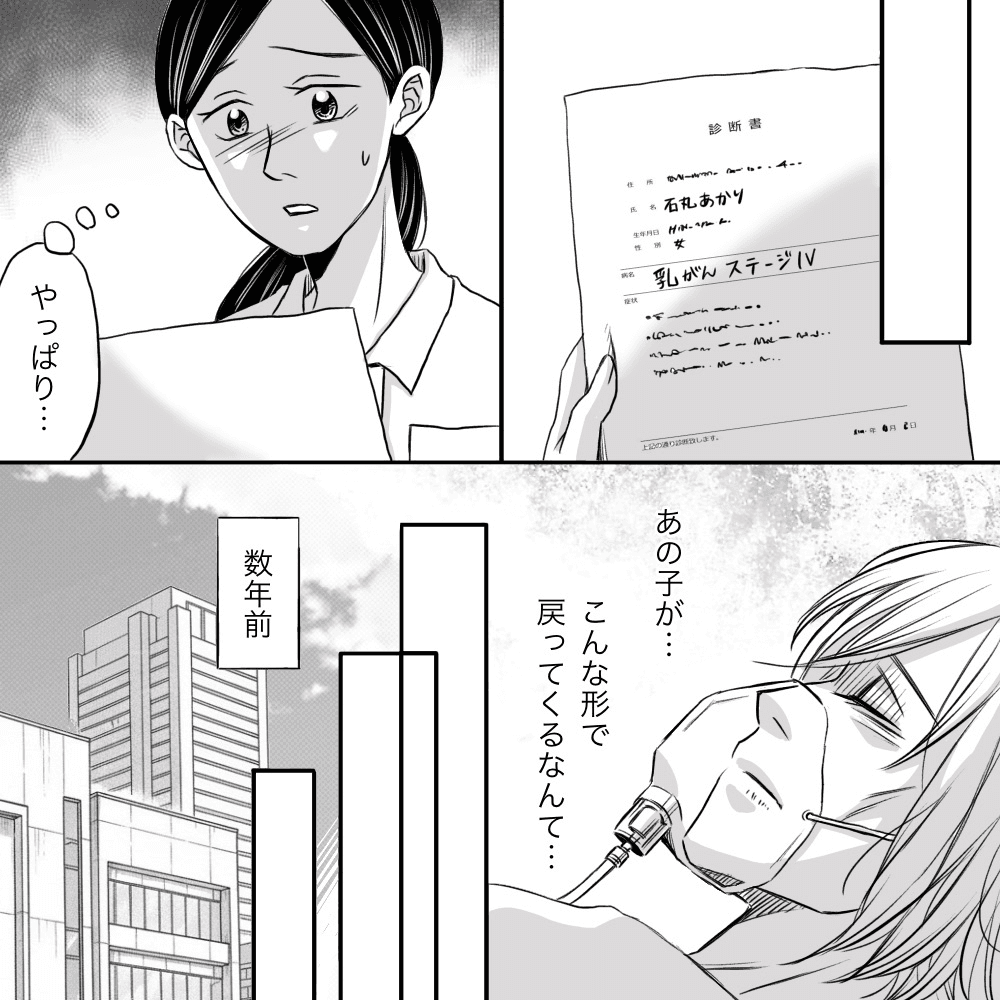 持参した診断書を見て、乳がんの患者で以前にも関わりがあったことを思い出し、以前と変わった様子に驚く看護師